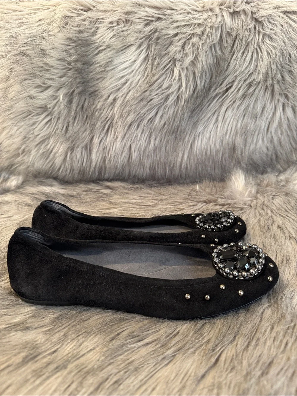 Stuart Weitzman Embellished Black Suede Ballet Flats Size 10